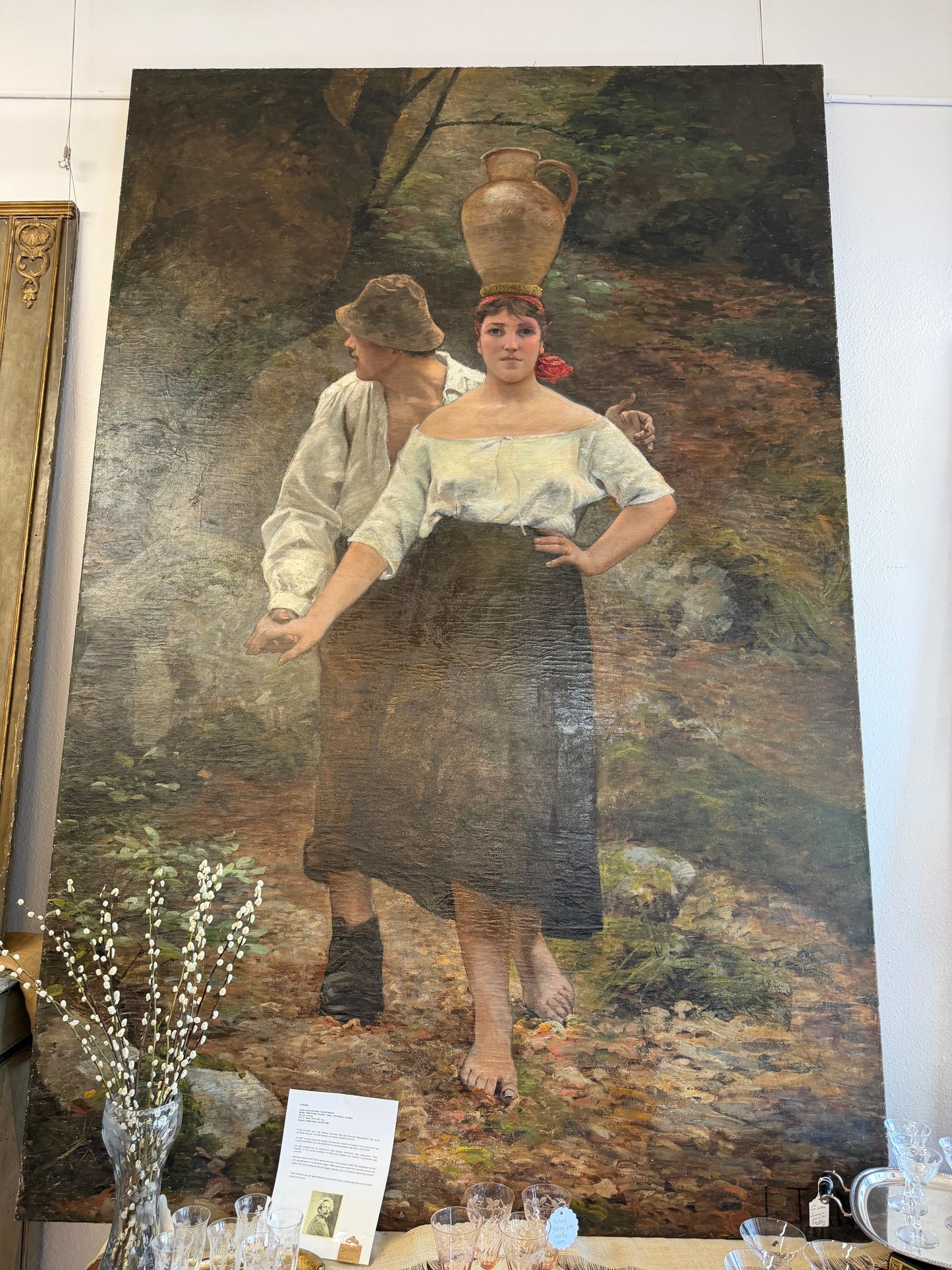 Leon Tanzi Lifesize Oil Painting Of Woman with Pot,    5' 5/6"Wide X 8 5 1/2"T