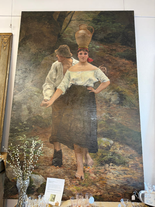 Leon Tanzi Lifesize Oil Painting Of Woman with Pot,    5' 5/6"Wide X 8 5 1/2"T