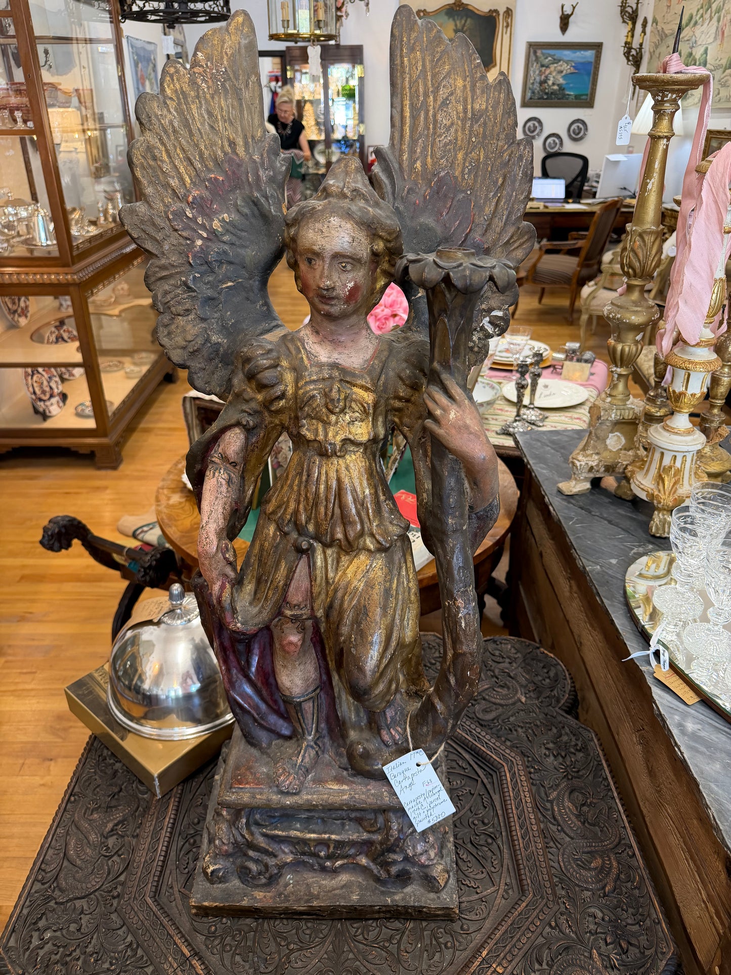 Italian Baroque Cartapesta Angel, Cartapesta/Papier Mache Arch Angel, 17Th C Parcel Guild & Polychrome Paint