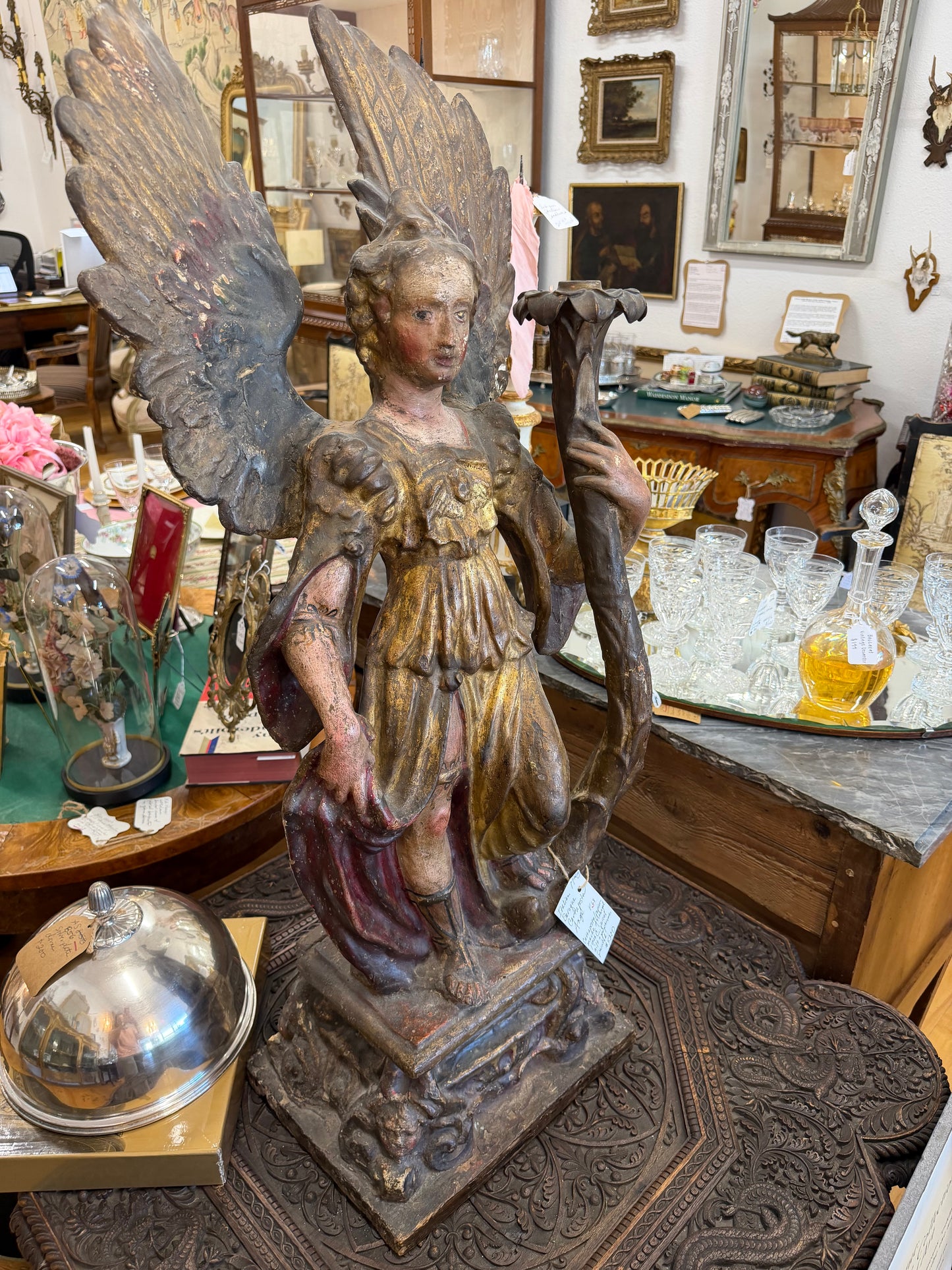 Italian Baroque Cartapesta Angel, Cartapesta/Papier Mache Arch Angel, 17Th C Parcel Guild & Polychrome Paint