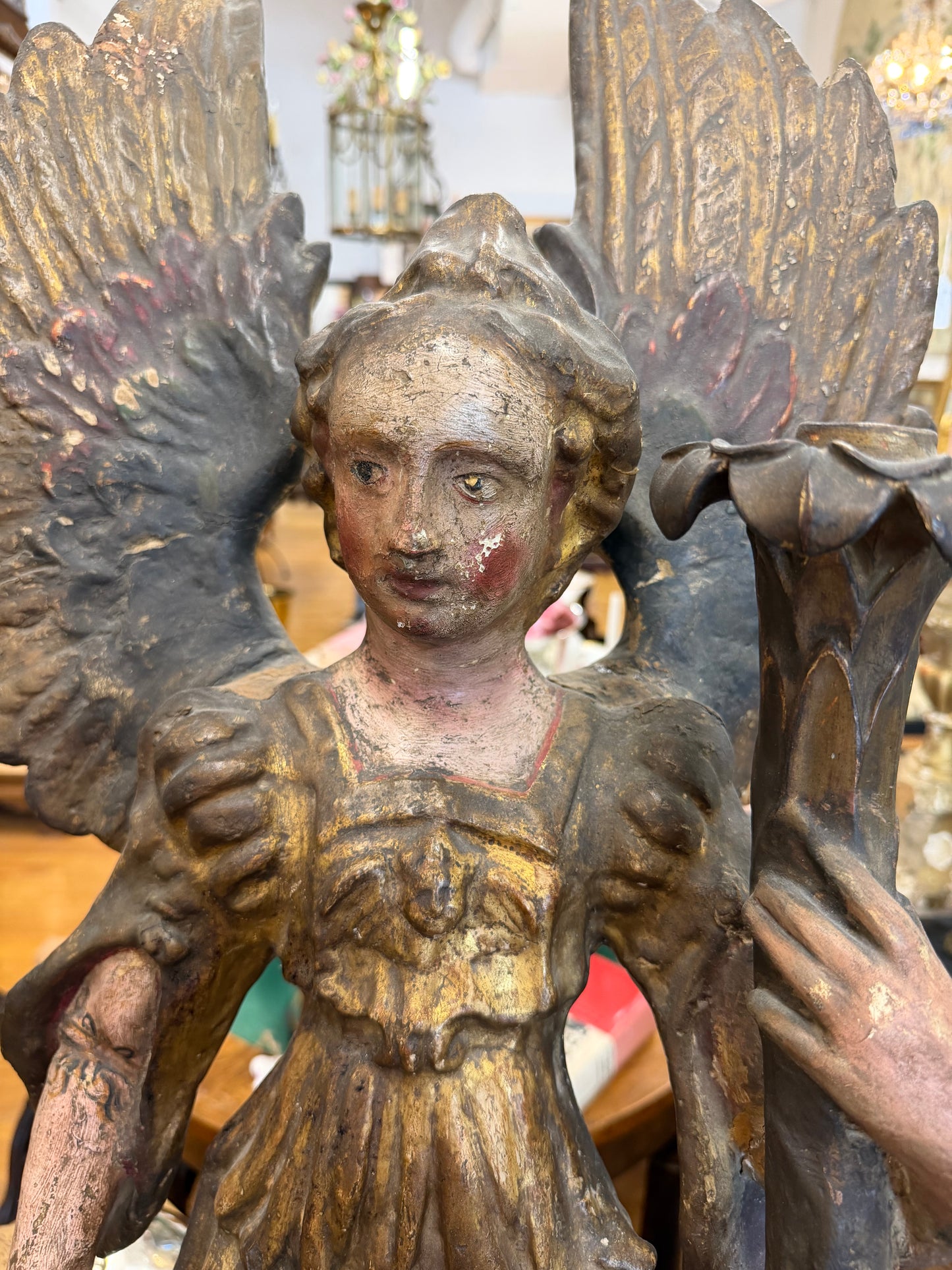 Italian Baroque Cartapesta Angel, Cartapesta/Papier Mache Arch Angel, 17Th C Parcel Guild & Polychrome Paint