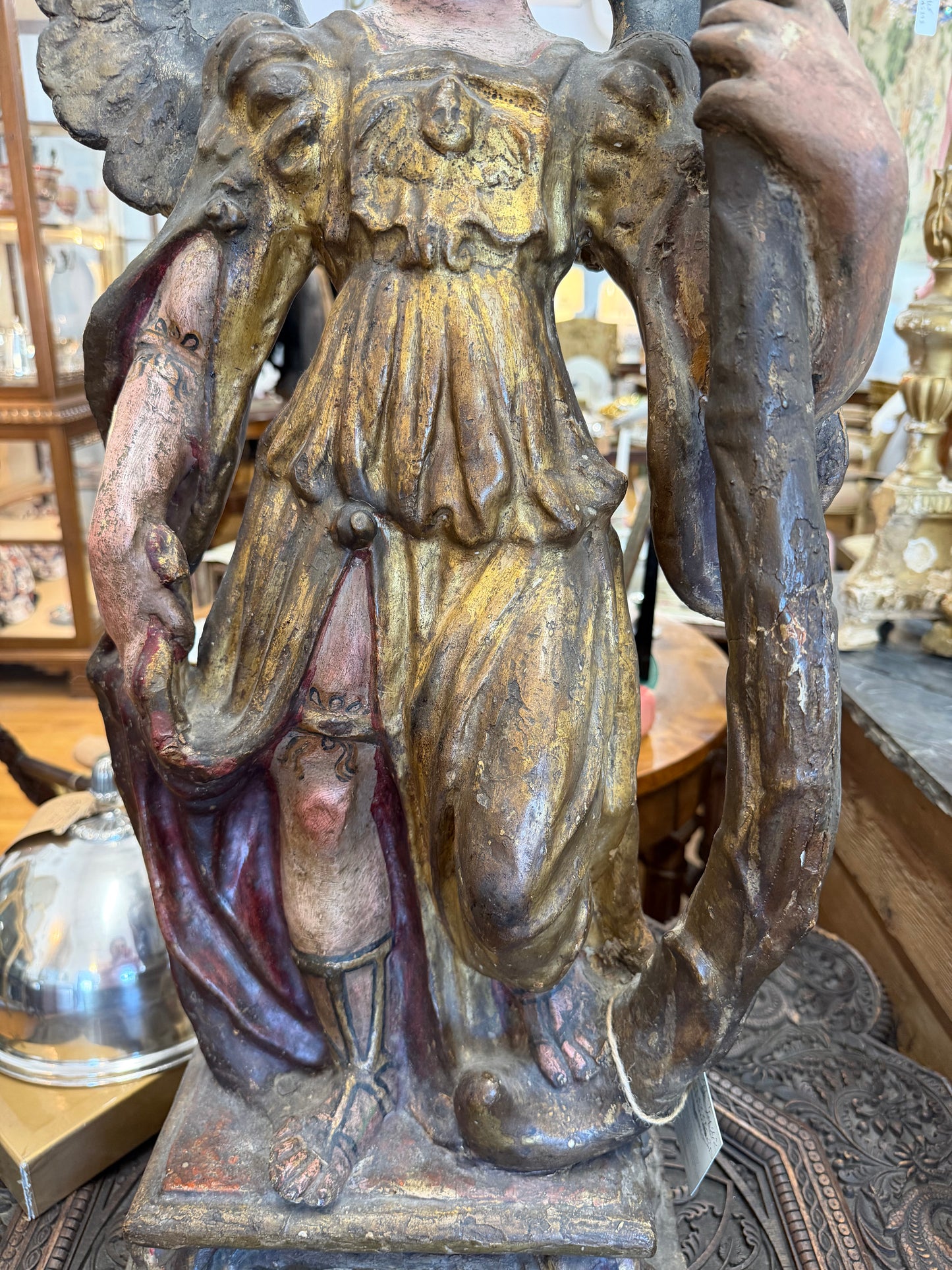 Italian Baroque Cartapesta Angel, Cartapesta/Papier Mache Arch Angel, 17Th C Parcel Guild & Polychrome Paint
