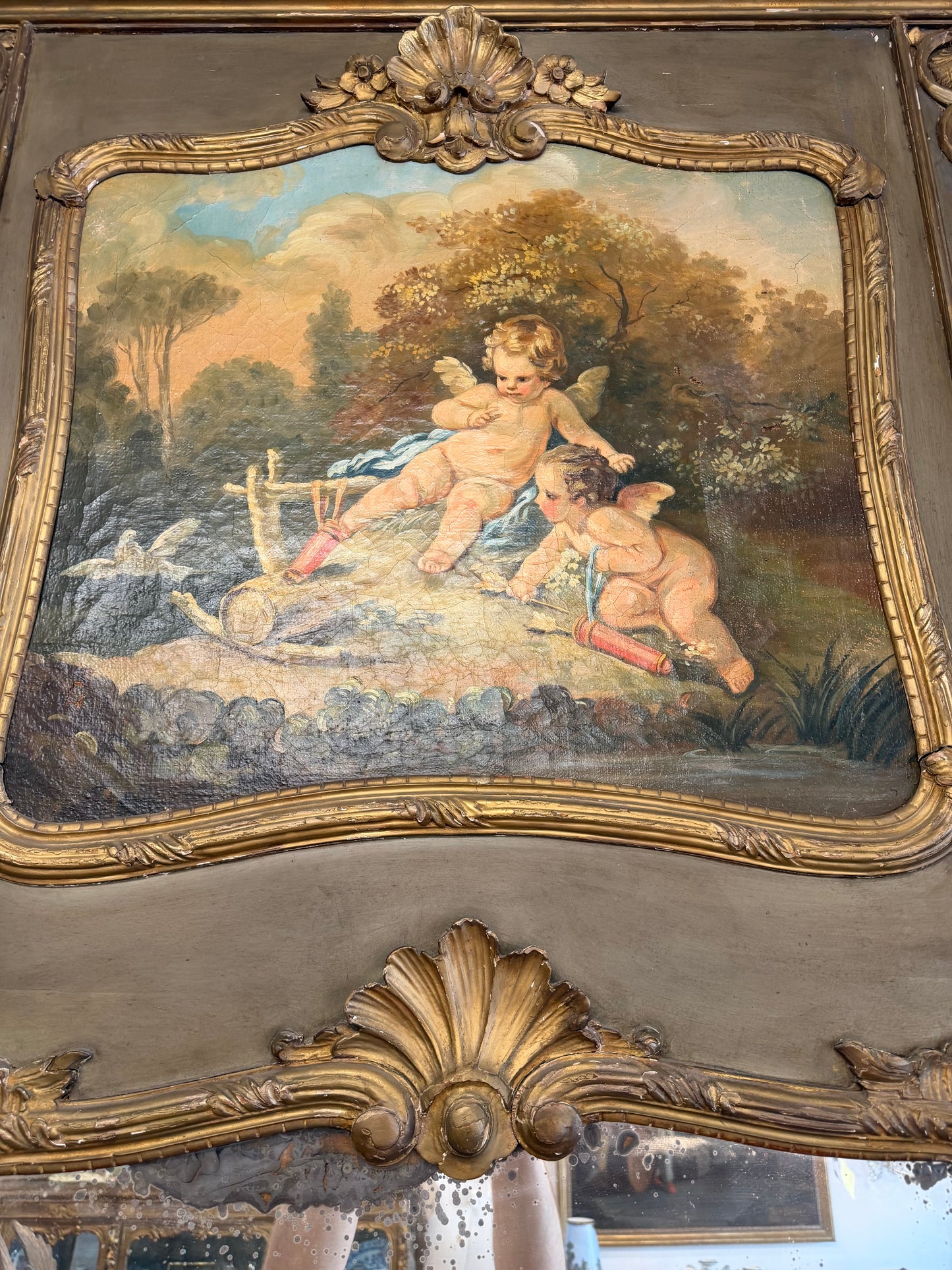 18th Century Louis XV French Trumeau Mirror With Cherubs