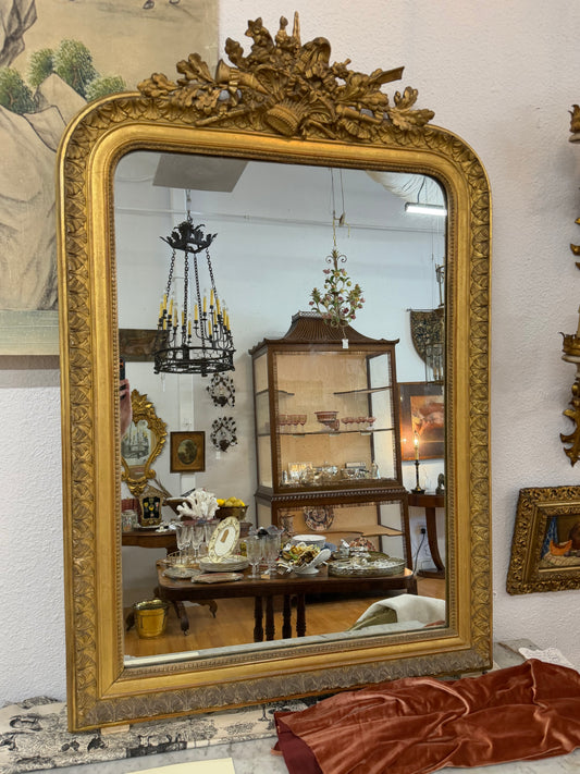 French Louis Philippe Period Giltwood Mirror 50"X 32.5", With Intricate Fronton