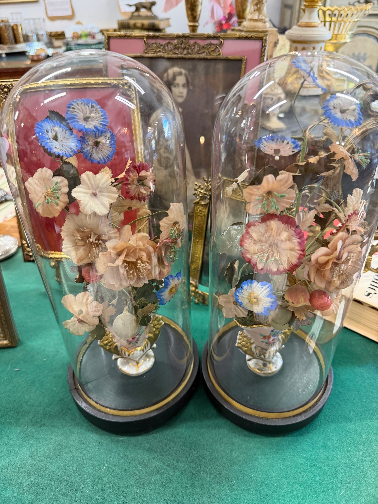 French Glass Dome With Vase And Faux Flowers, 2 available