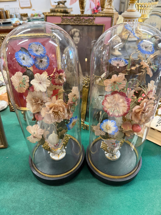French Glass Dome With Vase And Faux Flowers, 2 available