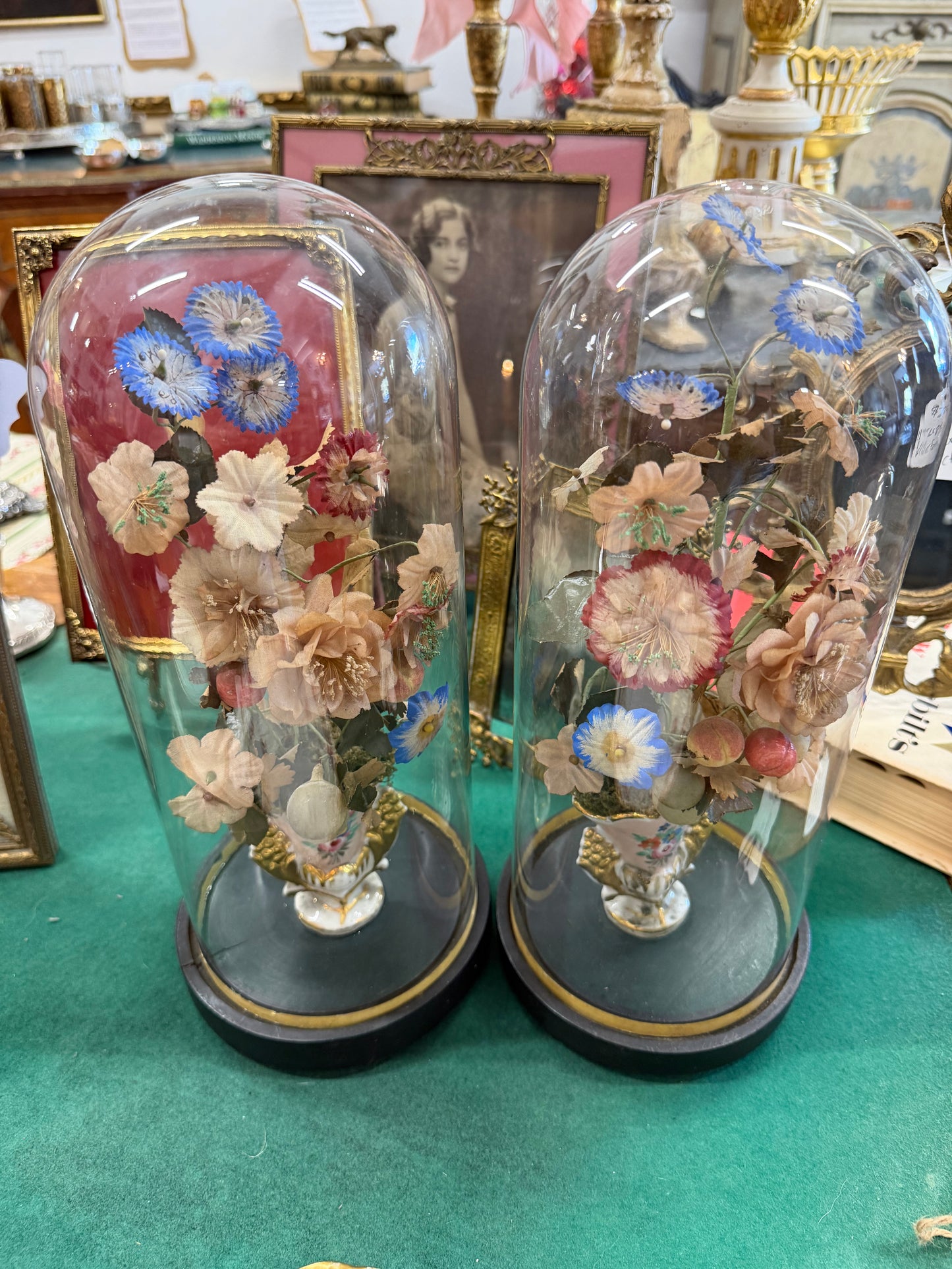 French Glass Dome With Vase And Faux Flowers, 2 available