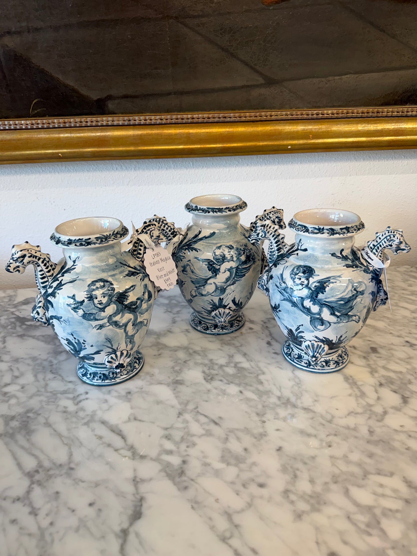 Italian Majolica Vase, Blue & White, 3 available