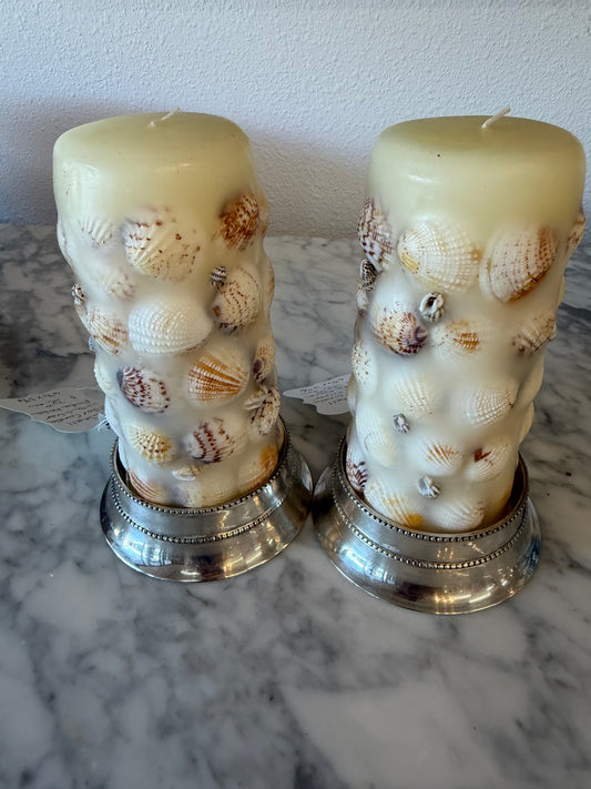 Sea Shell Pillar Candles with Silverplate Base