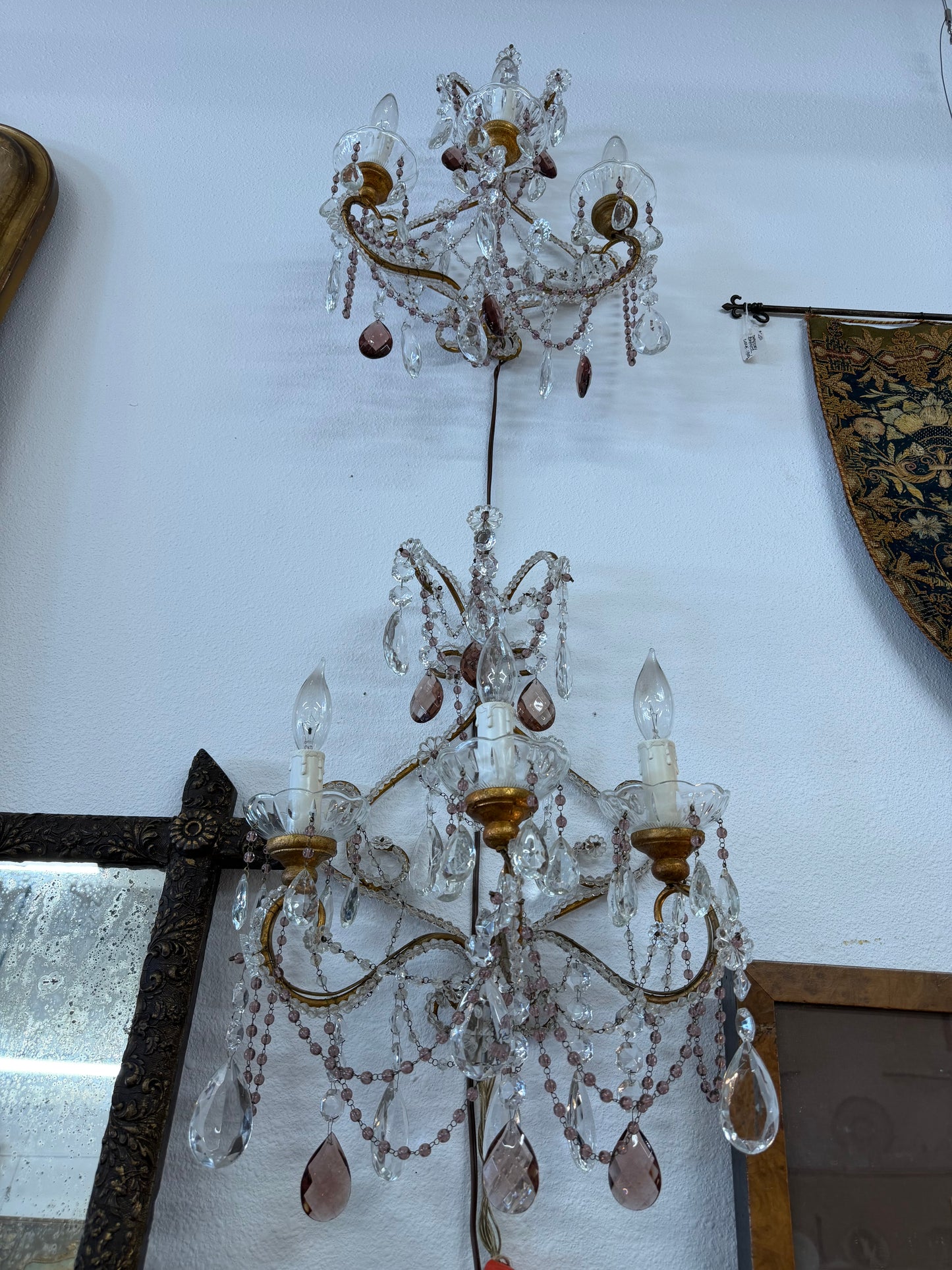 Pair Of Sconces, Pink, European Crystal, Rewired