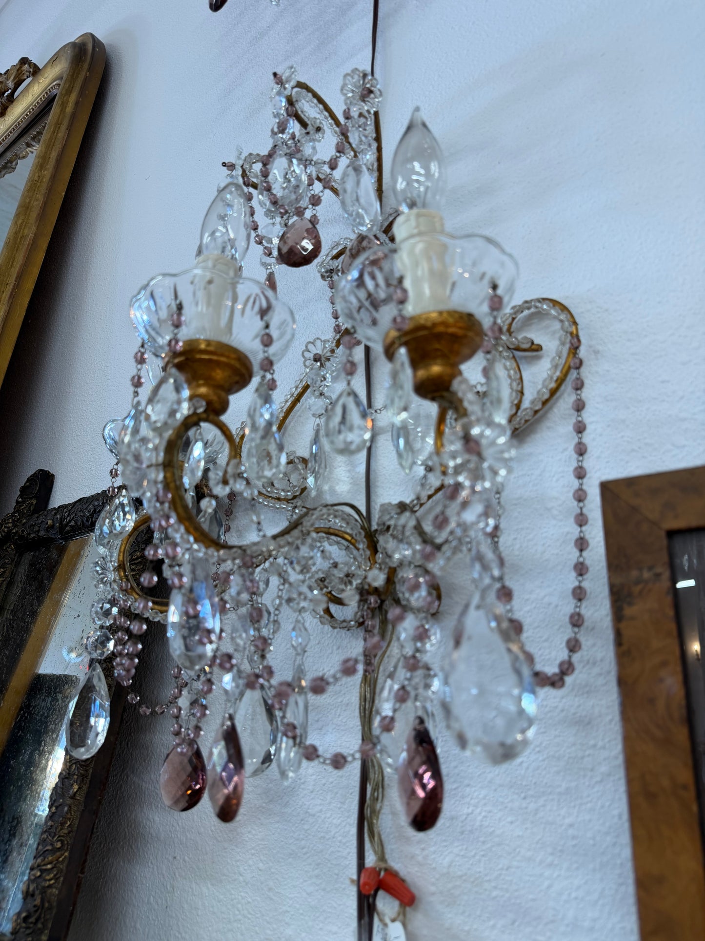 Pair Of Sconces, Pink, European Crystal, Rewired