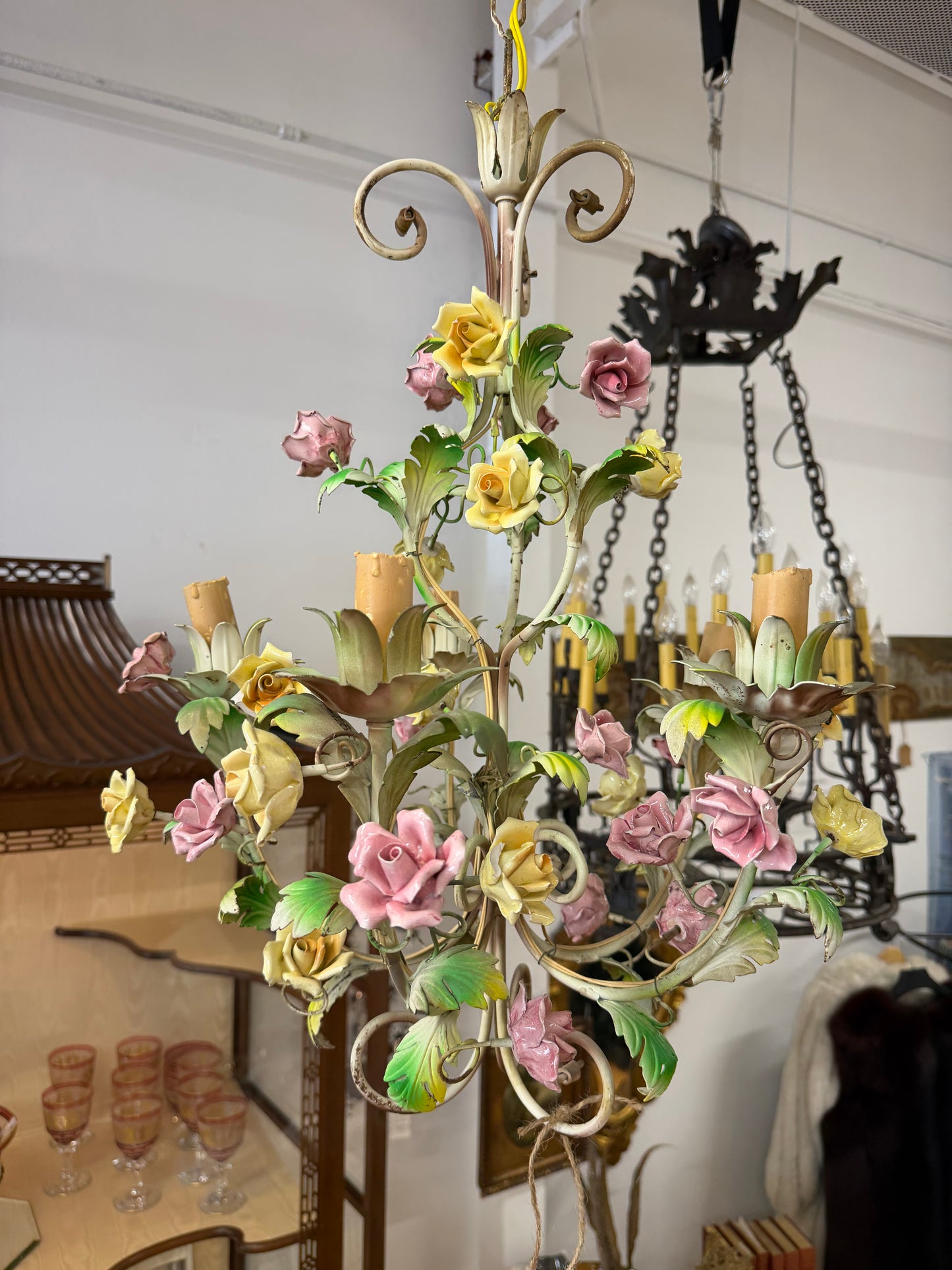 Italian Tole Cermaic Flower Chandelier