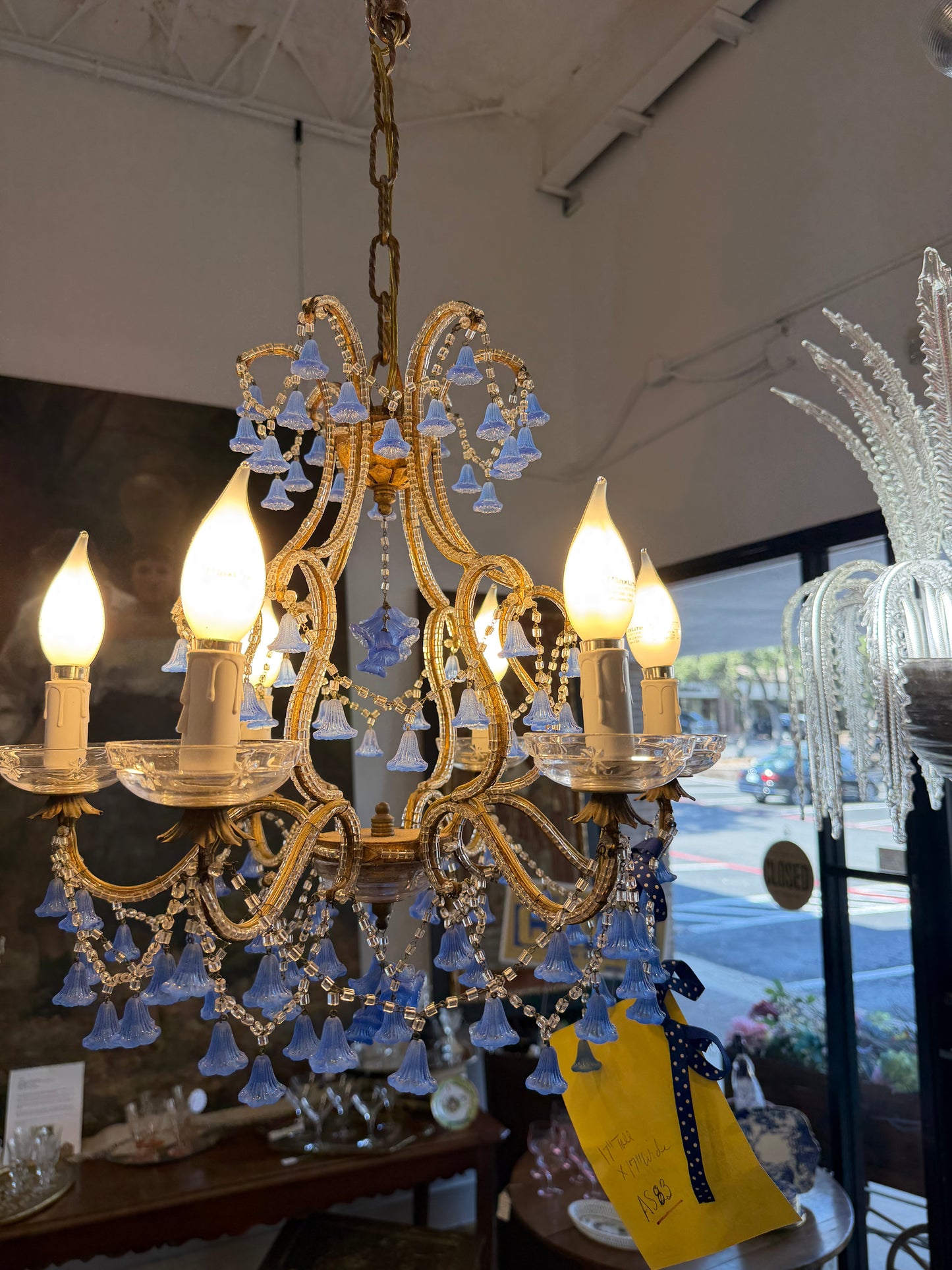 Vintage Blue Drop And Crystal Chandelier, Purchased In Italy,