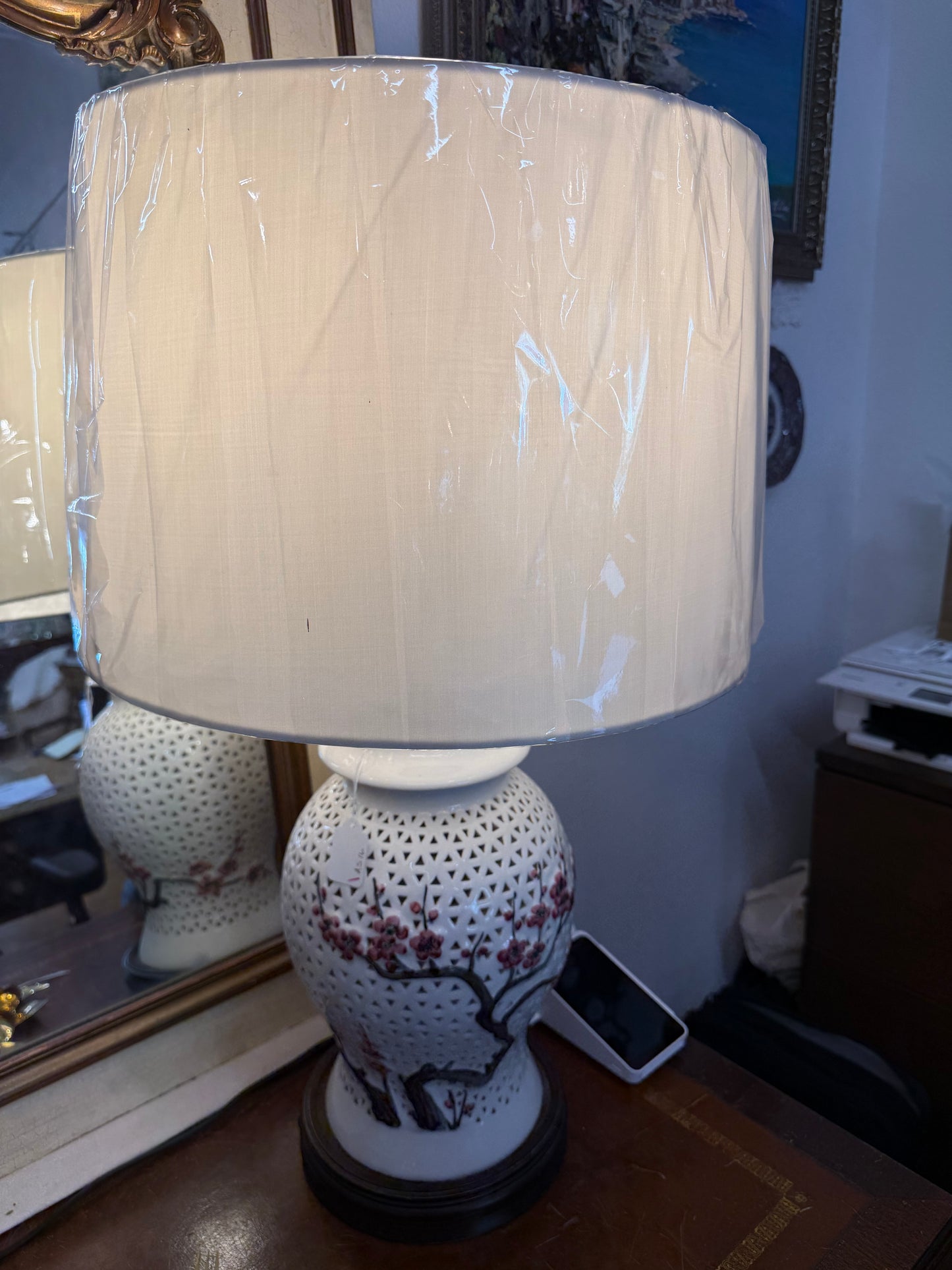 Blanc De Chine Cherry Blossom Lamps With New Shades (Pair)