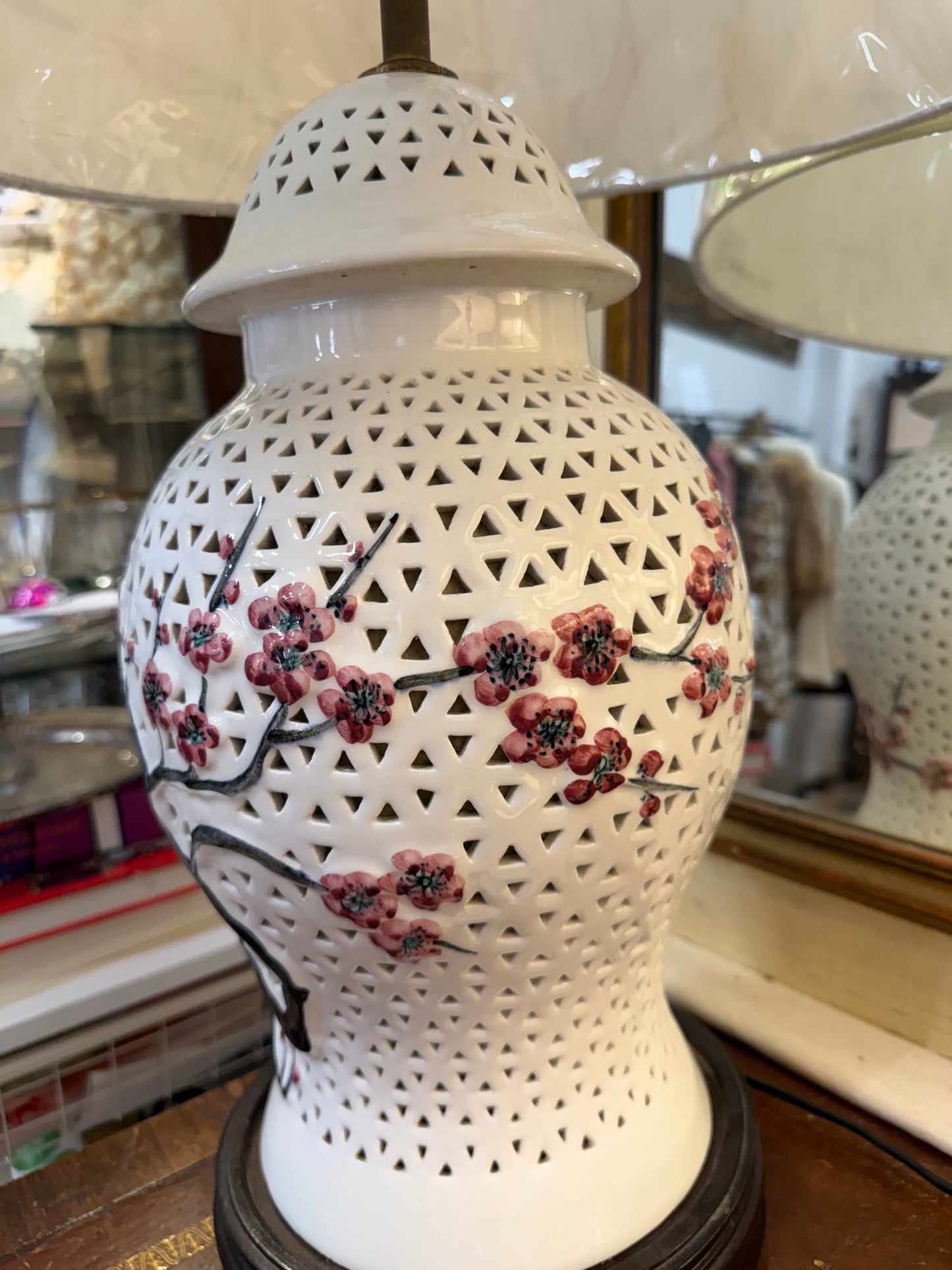 Blanc De Chine Cherry Blossom Lamps With New Shades (Pair)