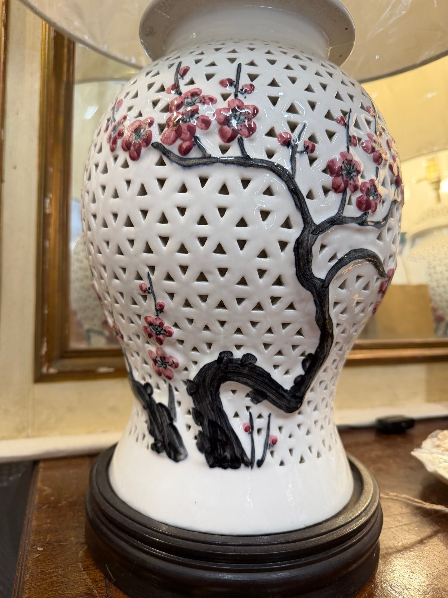 Blanc De Chine Cherry Blossom Lamps With New Shades (Pair)