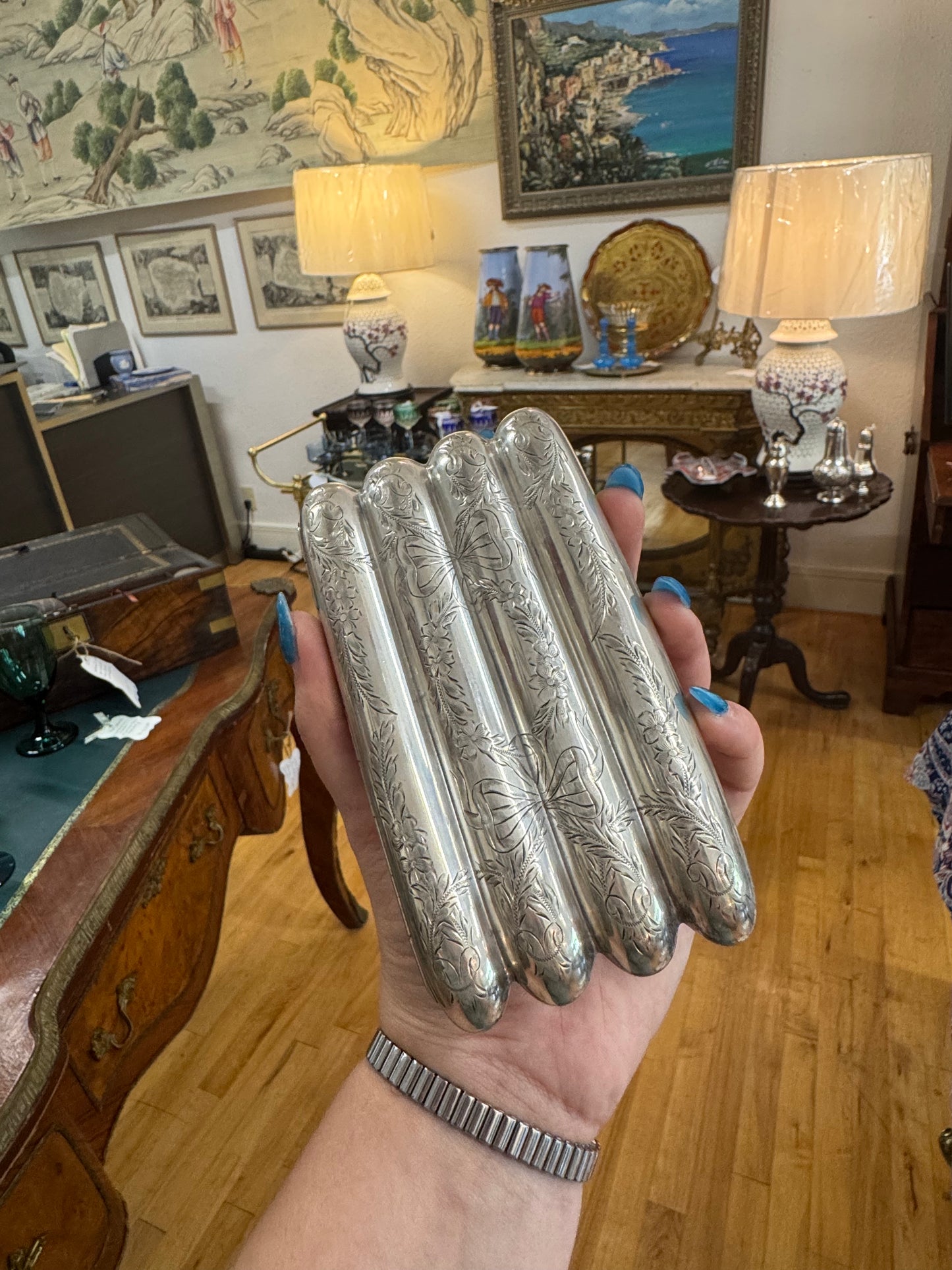 19th Century Antique Weber Etched Sterling Silver Cigar Case