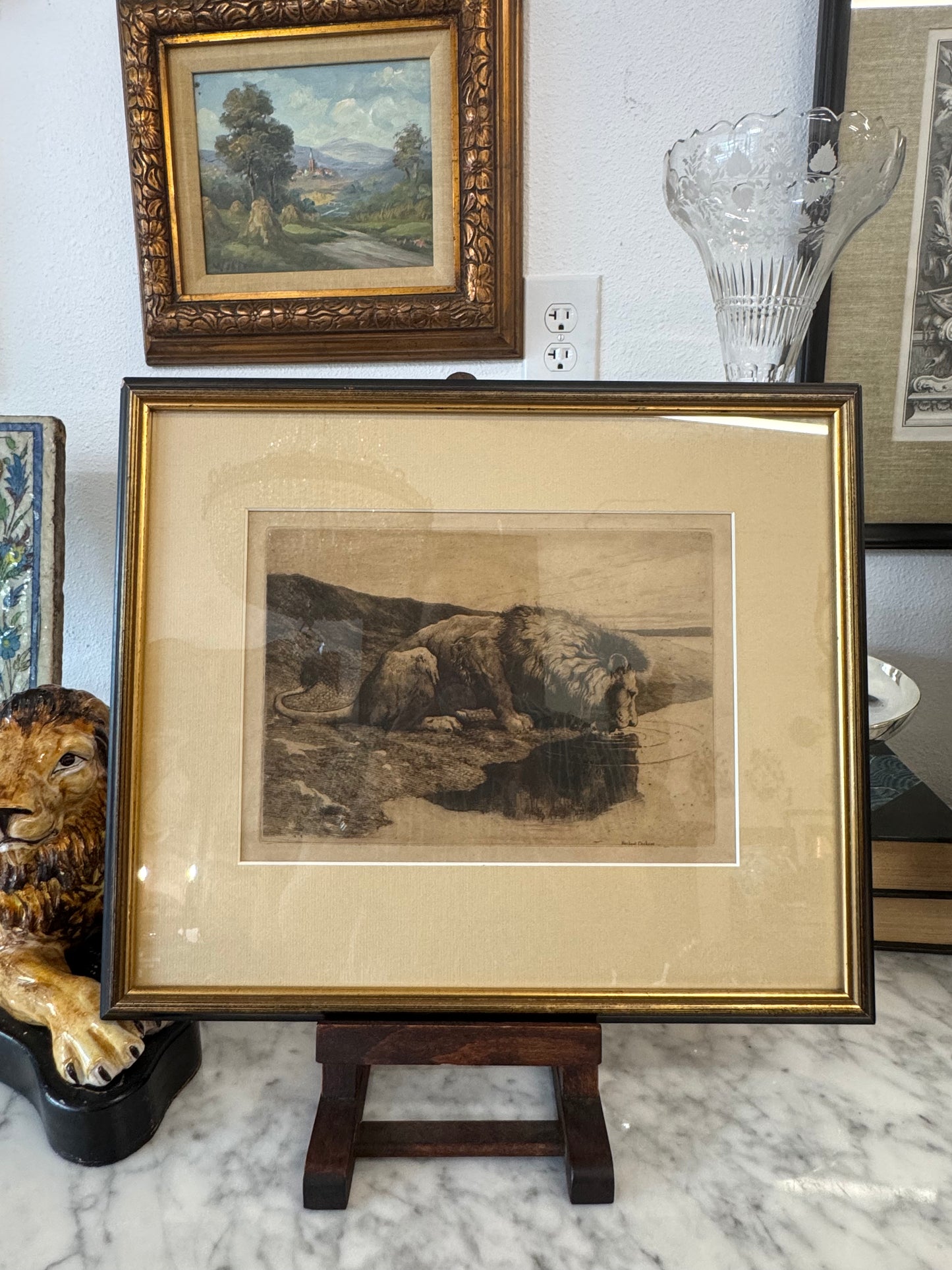 Antique Herbert Dicksee Lion Etching