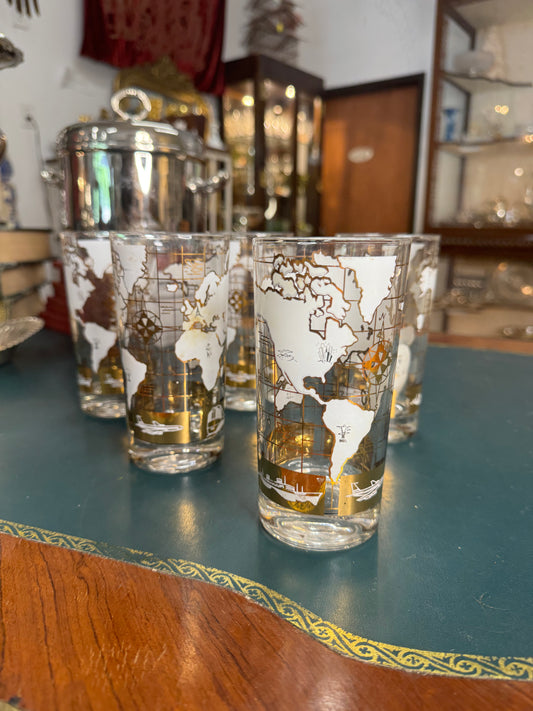 Set of 8 Mid-Century Modern 22k Gold Rimmed Map Highball Glasses