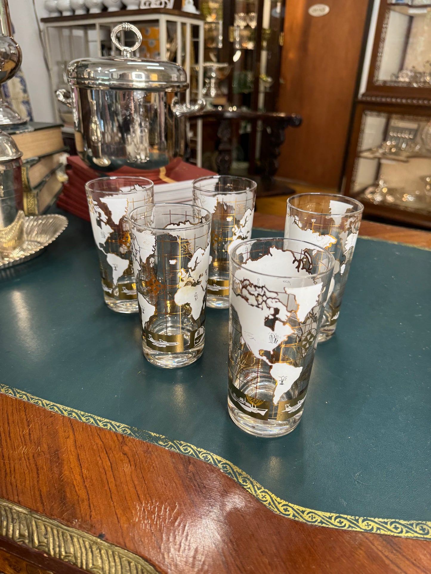 Set of 8 Mid-Century Modern 22k Gold Rimmed Map Highball Glasses