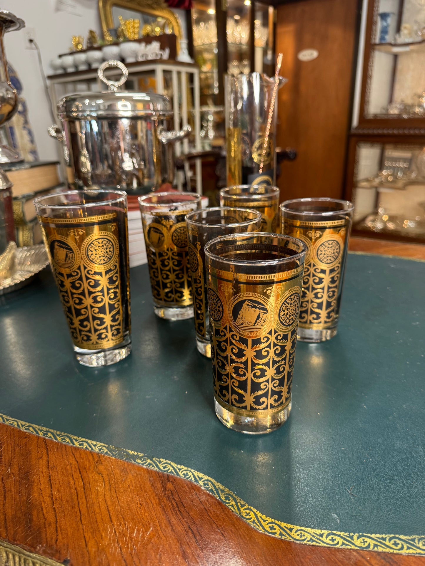Set of 4 Vintage Culver Highball Black and Gold Glasses + Mixer Glass