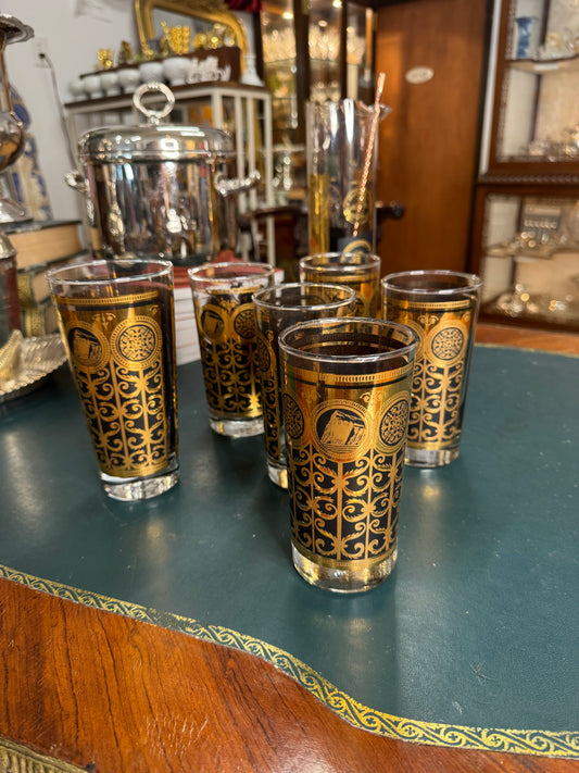 Set of 4 Vintage Culver Highball Black and Gold Glasses + Mixer Glass
