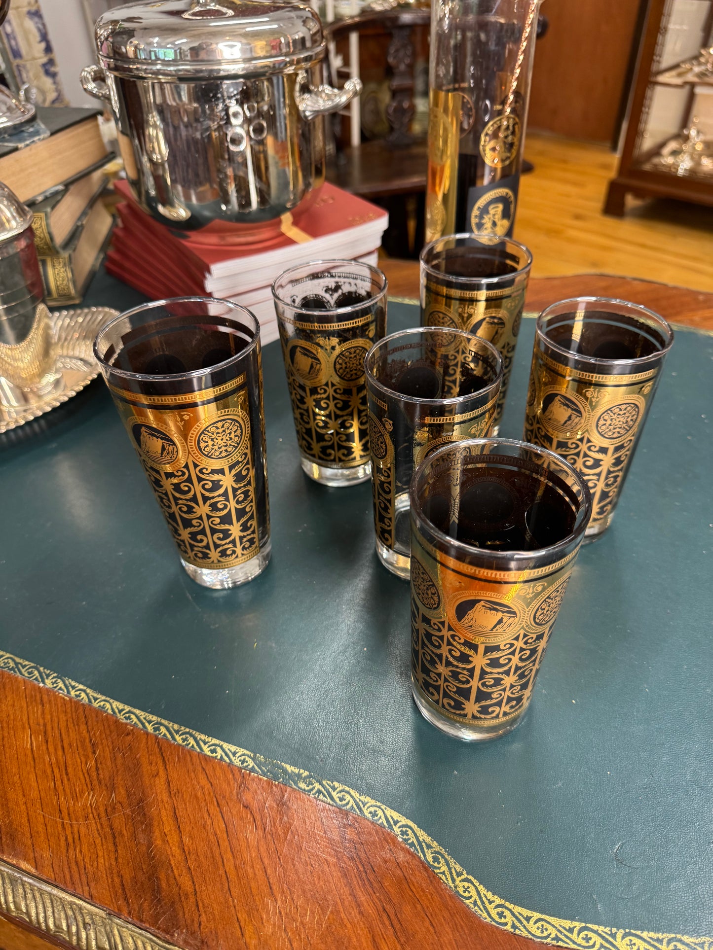 Set of 4 Vintage Culver Highball Black and Gold Glasses + Mixer Glass