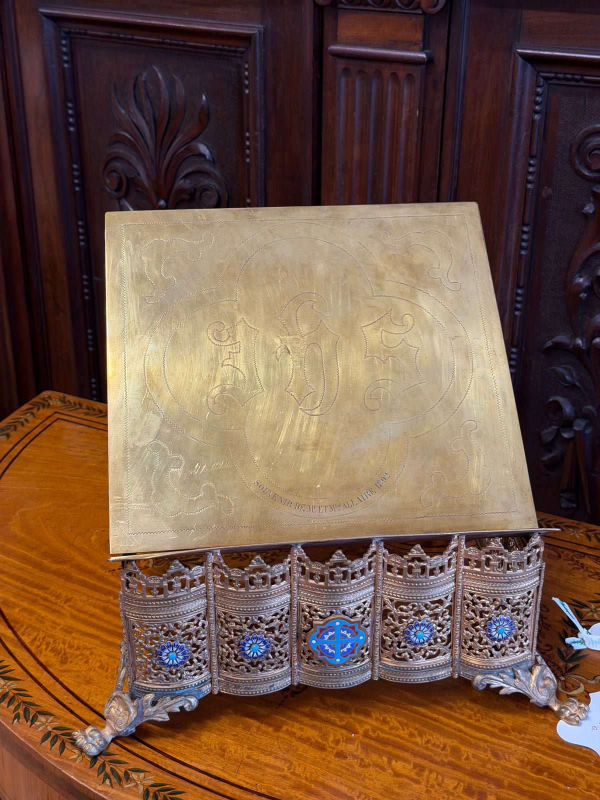 19th Century NEO-Gothic Gilt Bronze and Brass Alter Bible or Missal Stand Enamel Cloisonné Medallions