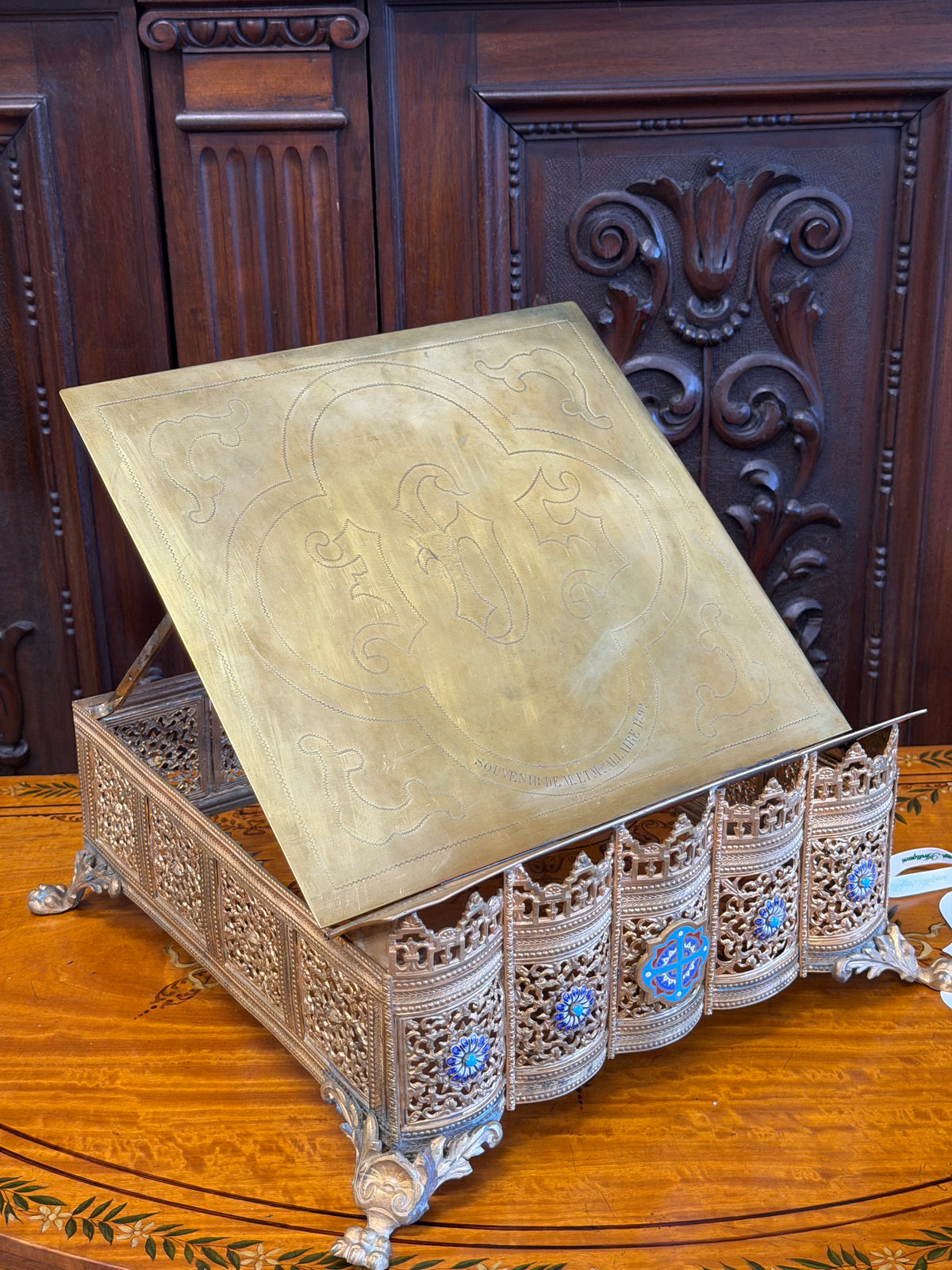 19th Century NEO-Gothic Gilt Bronze and Brass Alter Bible or Missal Stand Enamel Cloisonné Medallions