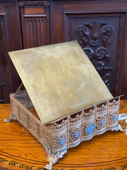 19th Century NEO-Gothic Gilt Bronze and Brass Alter Bible or Missal Stand Enamel Cloisonné Medallions