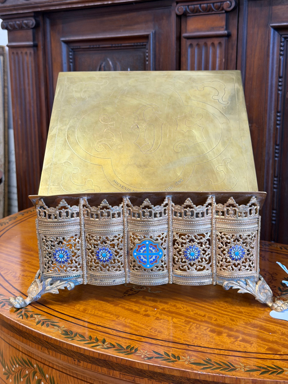19th Century NEO-Gothic Gilt Bronze and Brass Alter Bible or Missal Stand Enamel Cloisonné Medallions