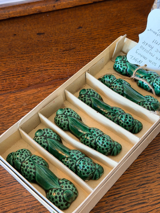 Mid 20th Century French Majolica Ceramic Poodle Knife Rest, "Porte-Couteaux"- Set of 6