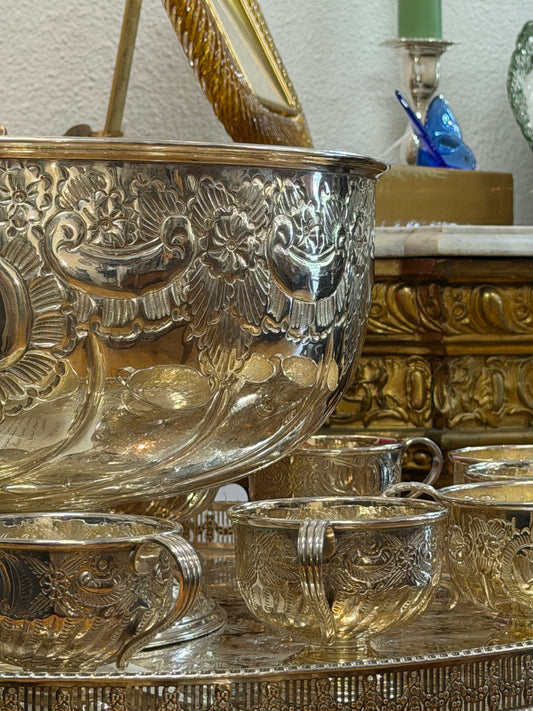 Sheffield Silver-Plated Hand-Chased Punch Bowl with 12 Cups & Ladle