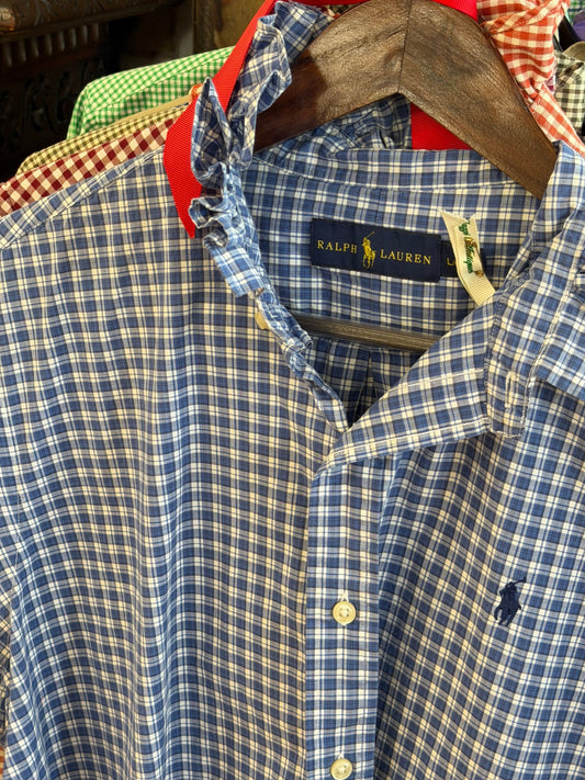 Ruffle Ralph Lauren Blue and White Checkered Polo with Blue Pony | Size L