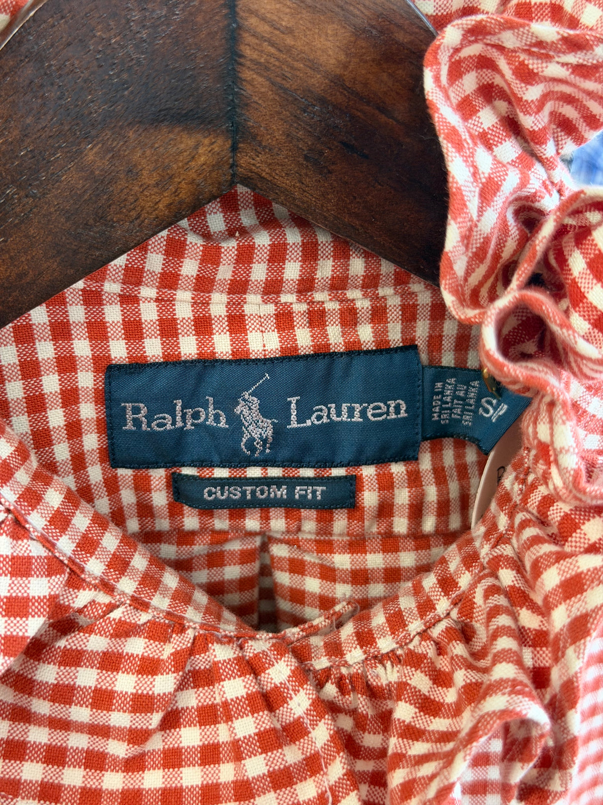 Ruffle Ralph Lauren Orange and White Checkered Polo with Green Pony | Size S