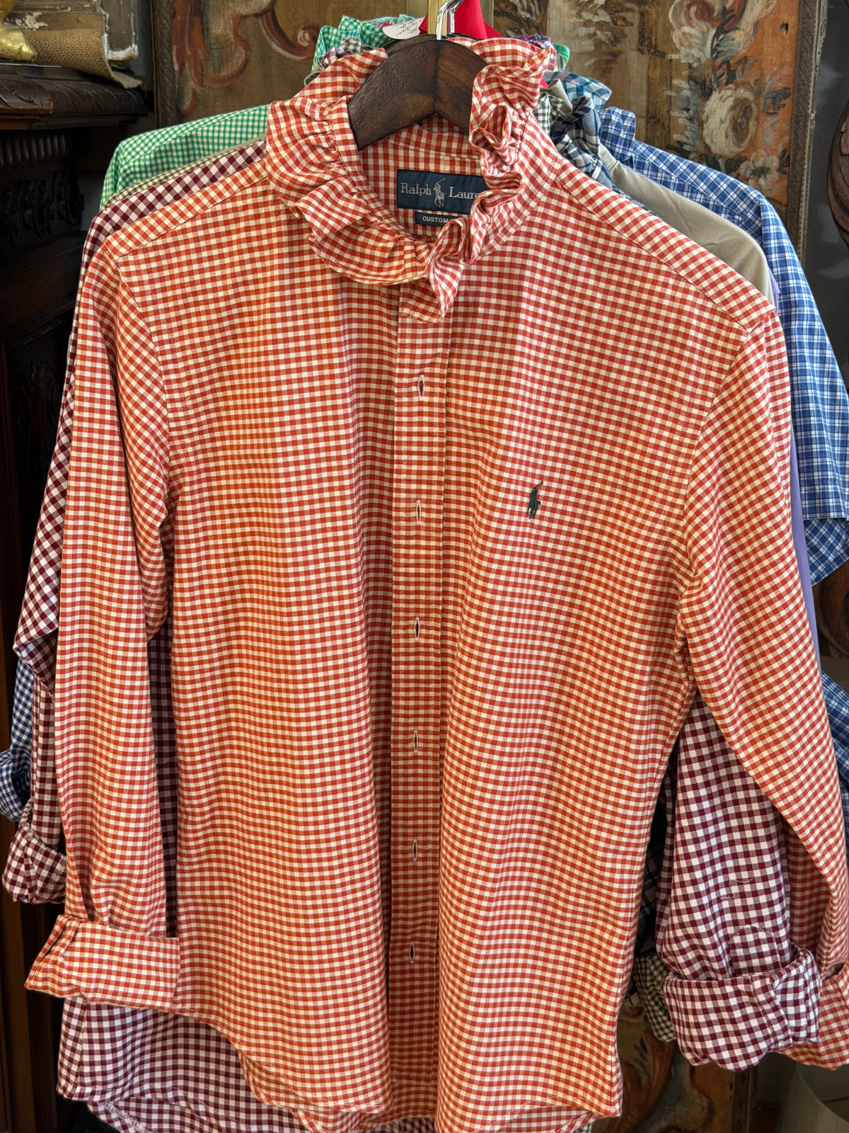 Ruffle Ralph Lauren Orange and White Checkered Polo with Green Pony | Size S