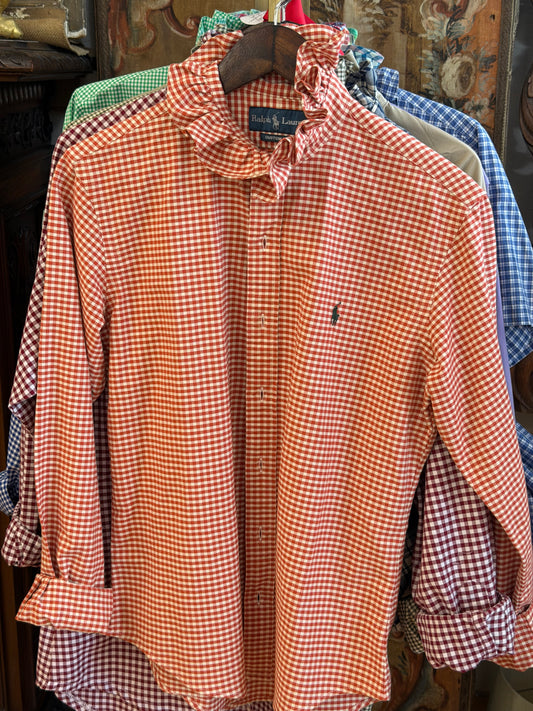Ruffle Ralph Lauren Orange and White Checkered Polo with Green Pony | Size S