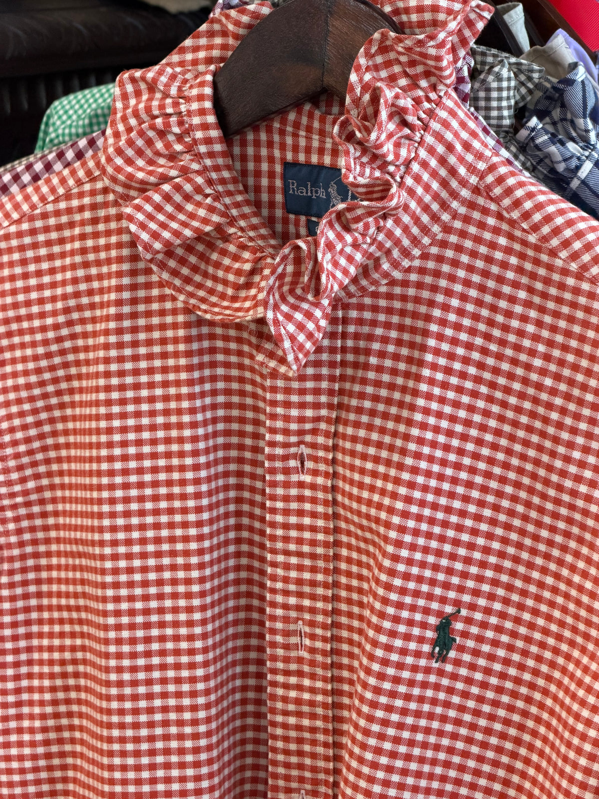 Ruffle Ralph Lauren Orange and White Checkered Polo with Green Pony | Size S