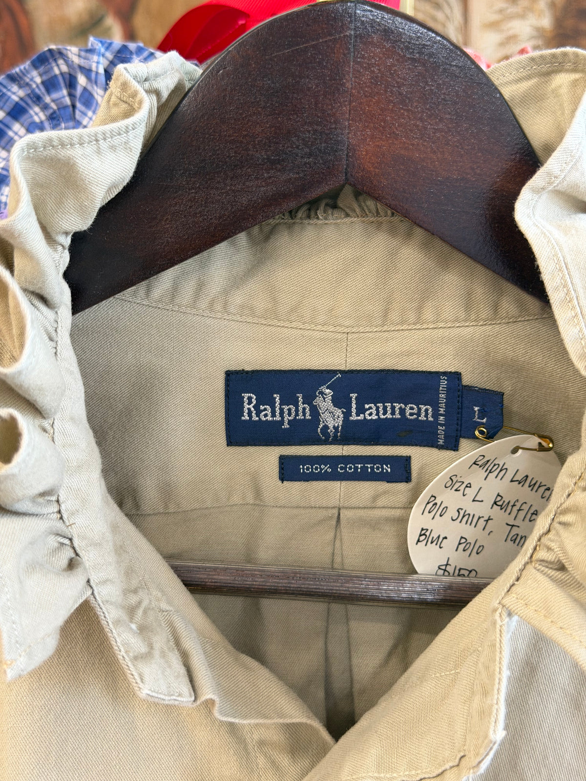 Ruffle Ralph Lauren Tan w/ Blue Polo Shirt | Size L