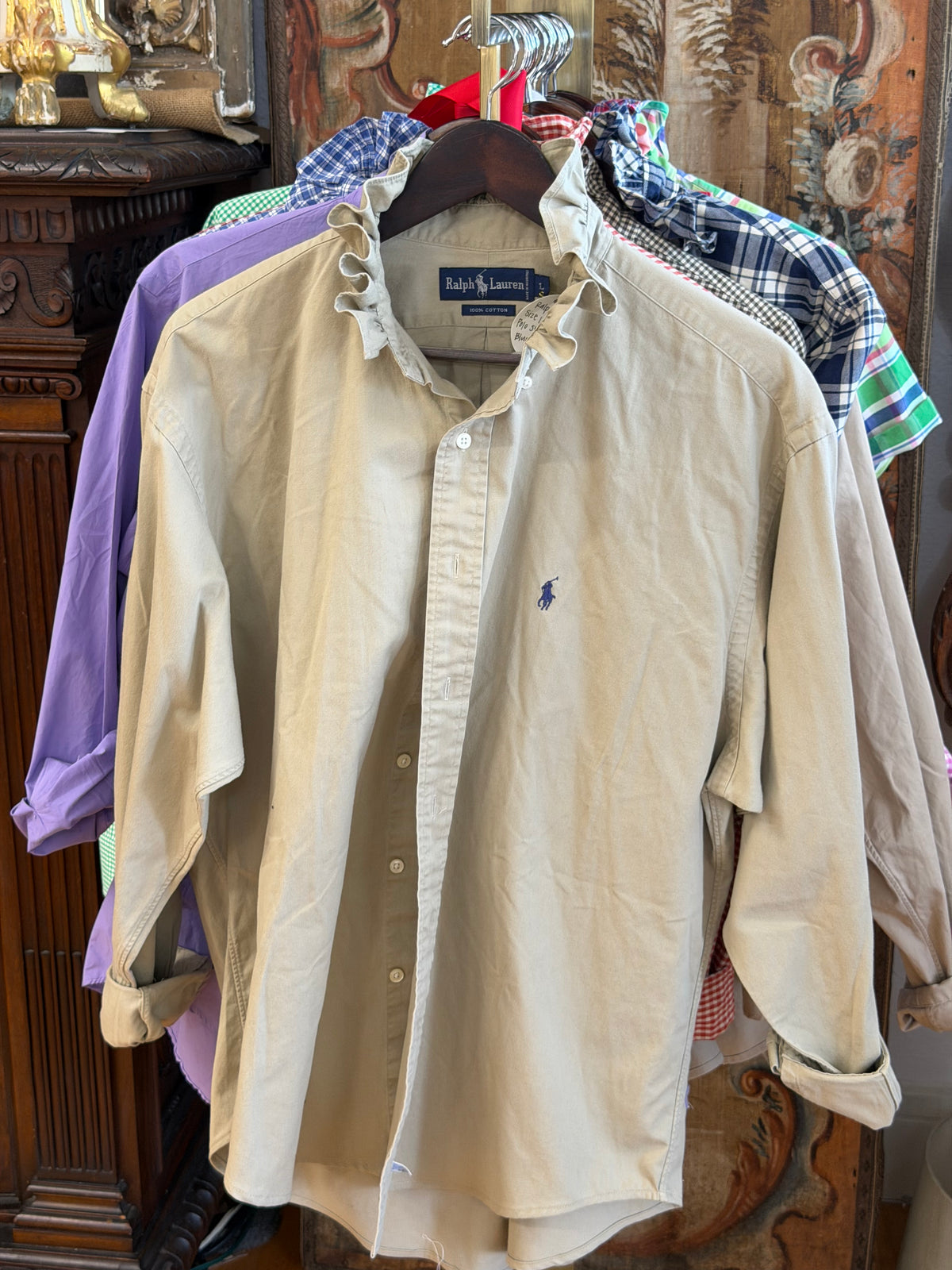 Ruffle Ralph Lauren Tan w/ Blue Polo Shirt | Size L