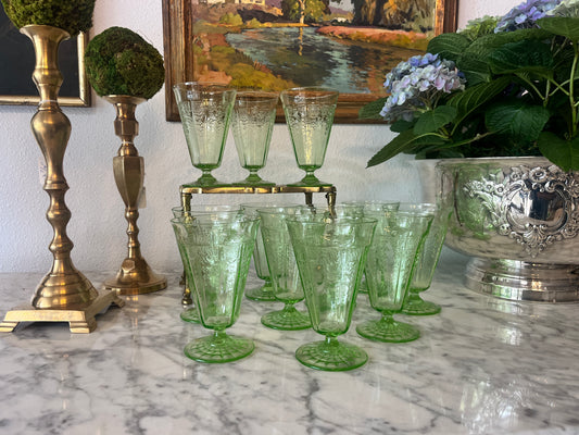 Green depression glasses, Anchor Hocking “Princess Sheen” set of 10
