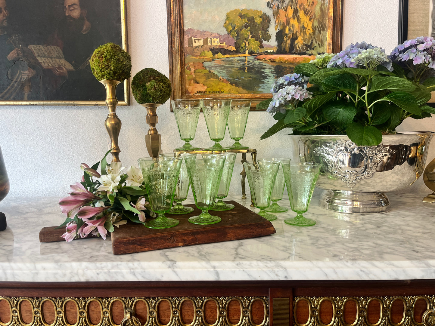 Green depression glasses, Anchor Hocking “Princess Sheen” set of 10