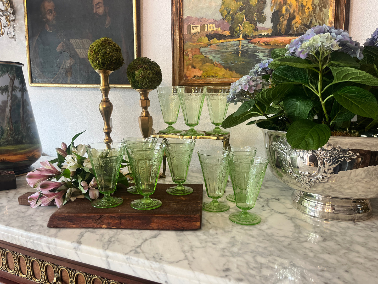 Green depression glasses, Anchor Hocking “Princess Sheen” set of 10
