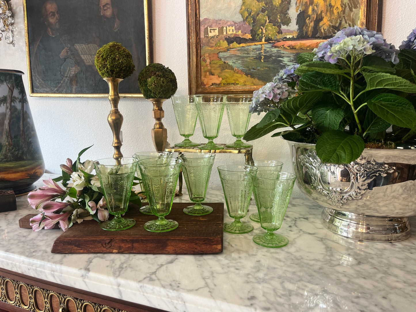 Green depression glasses, Anchor Hocking “Princess Sheen” set of 10