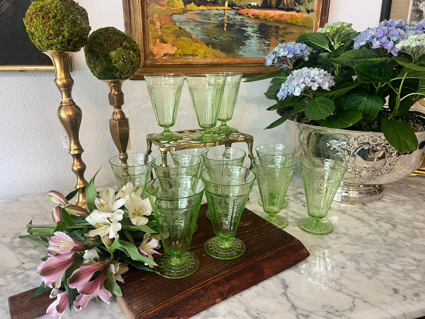 Green depression glasses, Anchor Hocking “Princess Sheen” set of 10