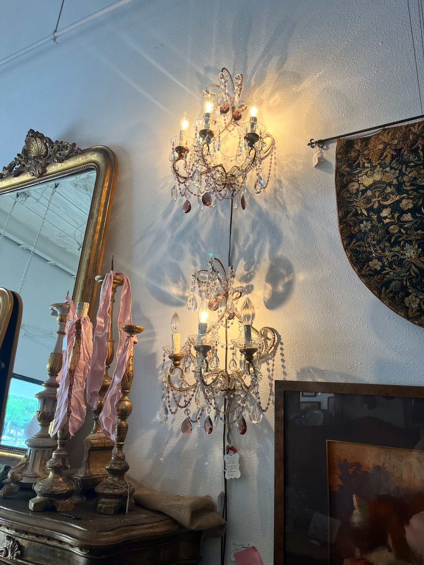 Pair Of Sconces, Pink, European Crystal, Rewired