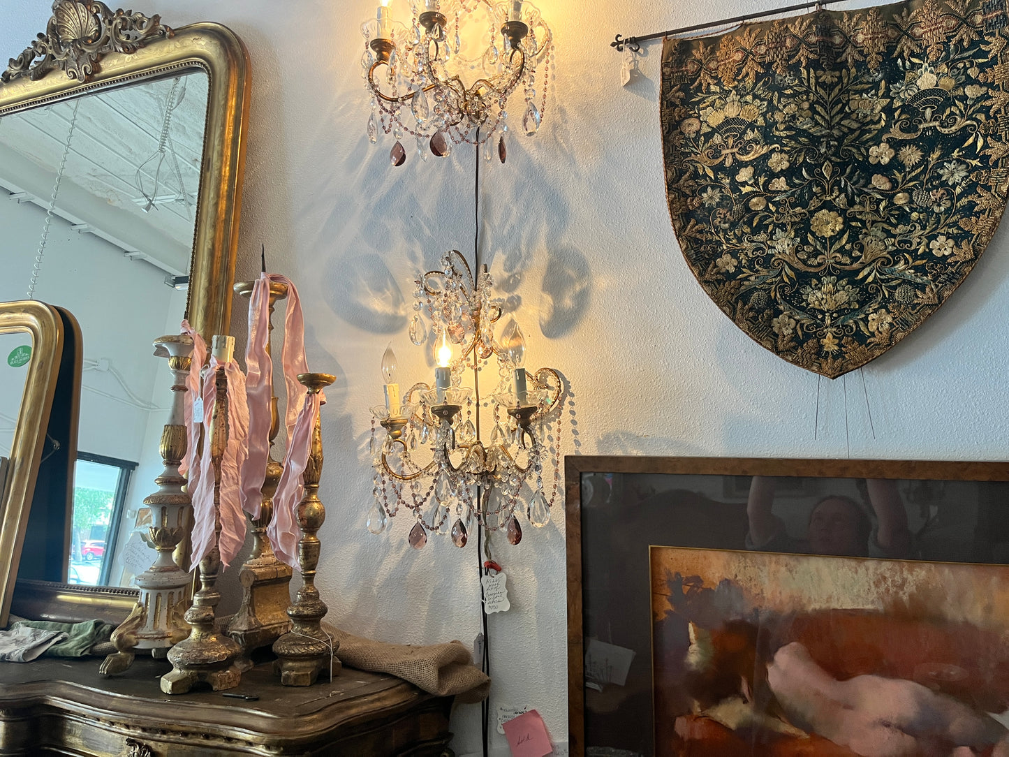 Pair Of Sconces, Pink, European Crystal, Rewired