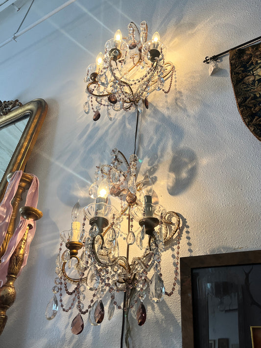 Pair Of Sconces, Pink, European Crystal, Rewired