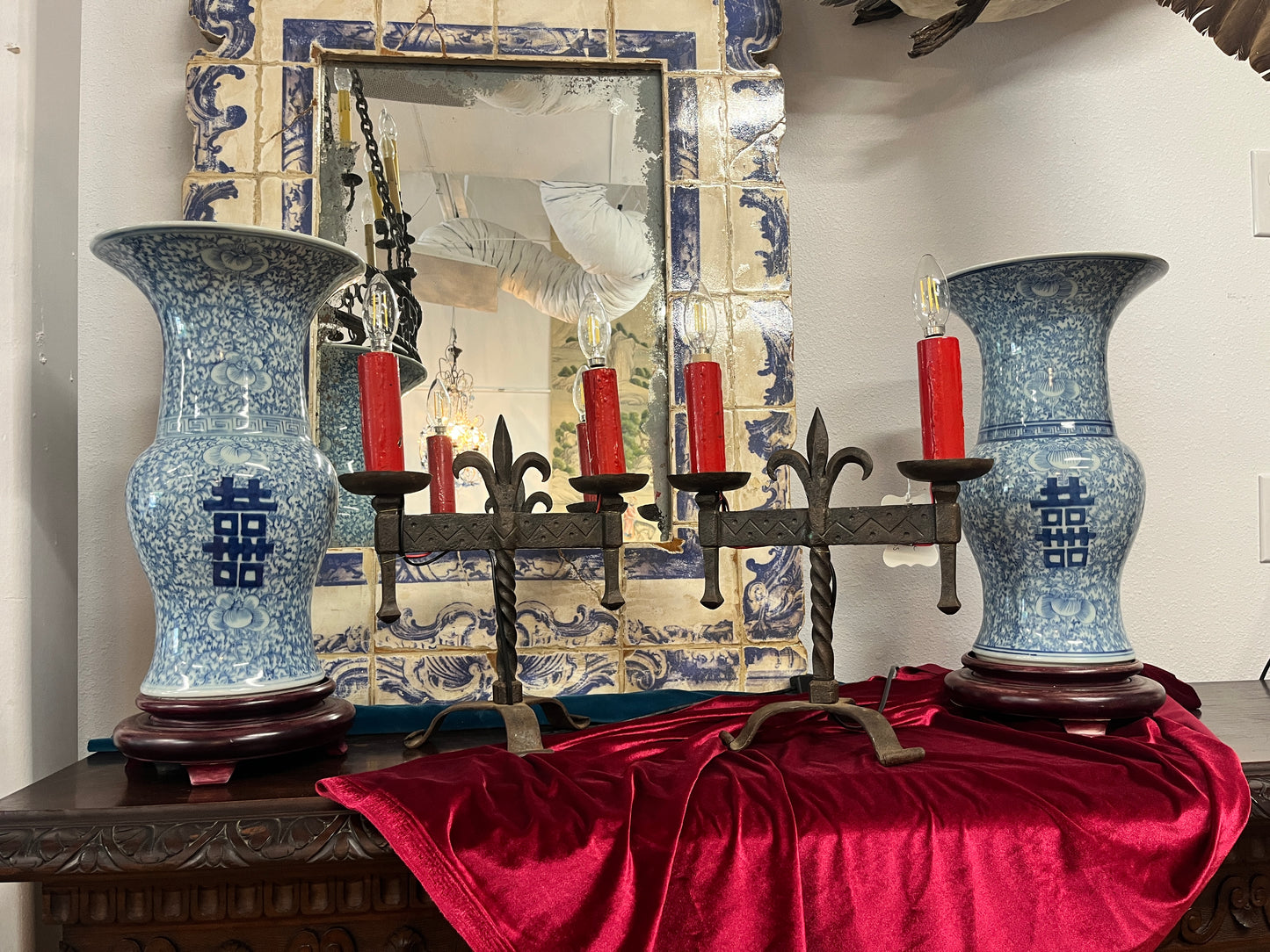 Pair of French iron candelabra lamps (wired & functional!)