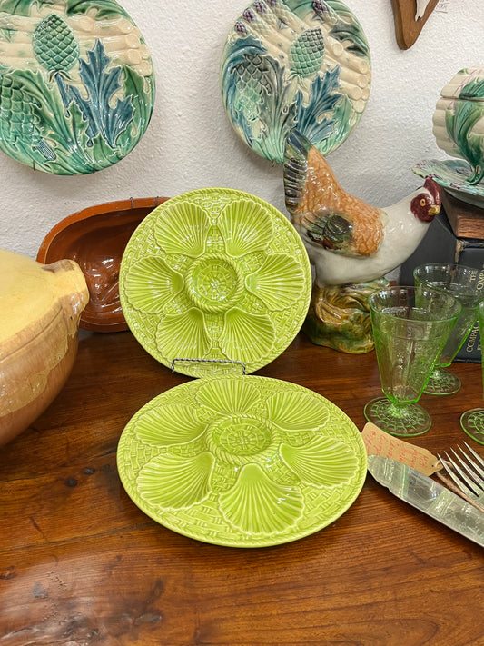 Green Longchamp French Majorica Oyster Plates (sold as a pair)